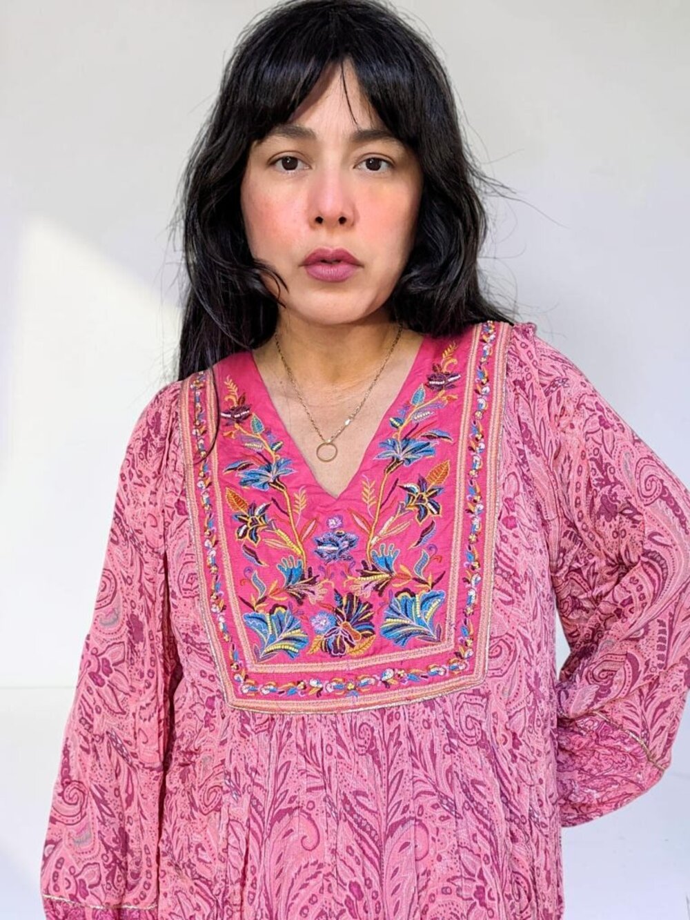 Soft Surroundings floral embroidery rosy red boho fairy cottage dress L New $164